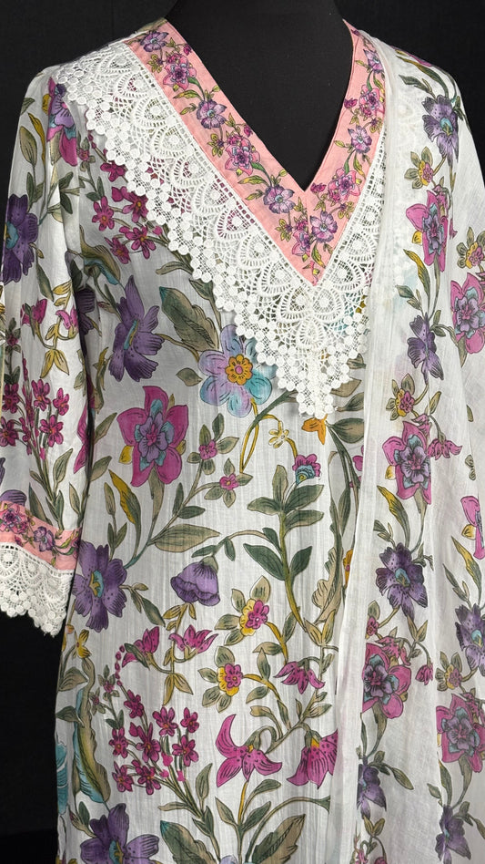 Lace and Print Cotton Set - 3pc