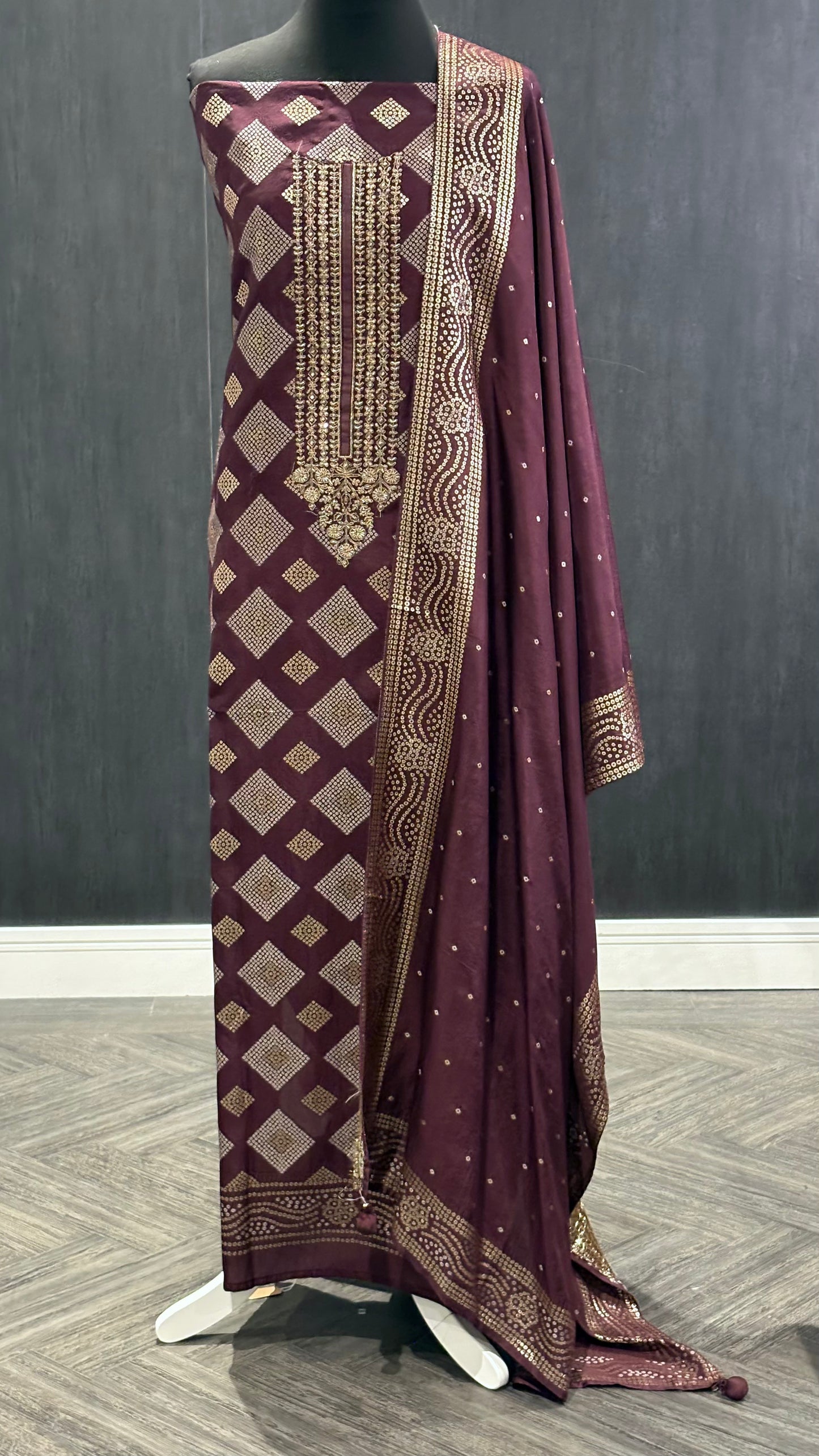 Burgundy Bandhini Style - 3pc