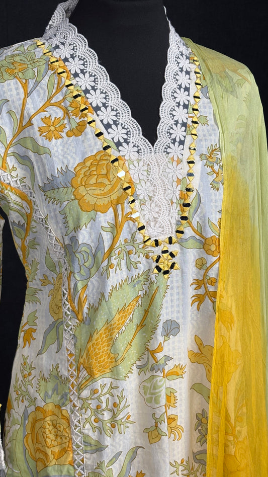 Yellow Printed Cotton Set - 3pc