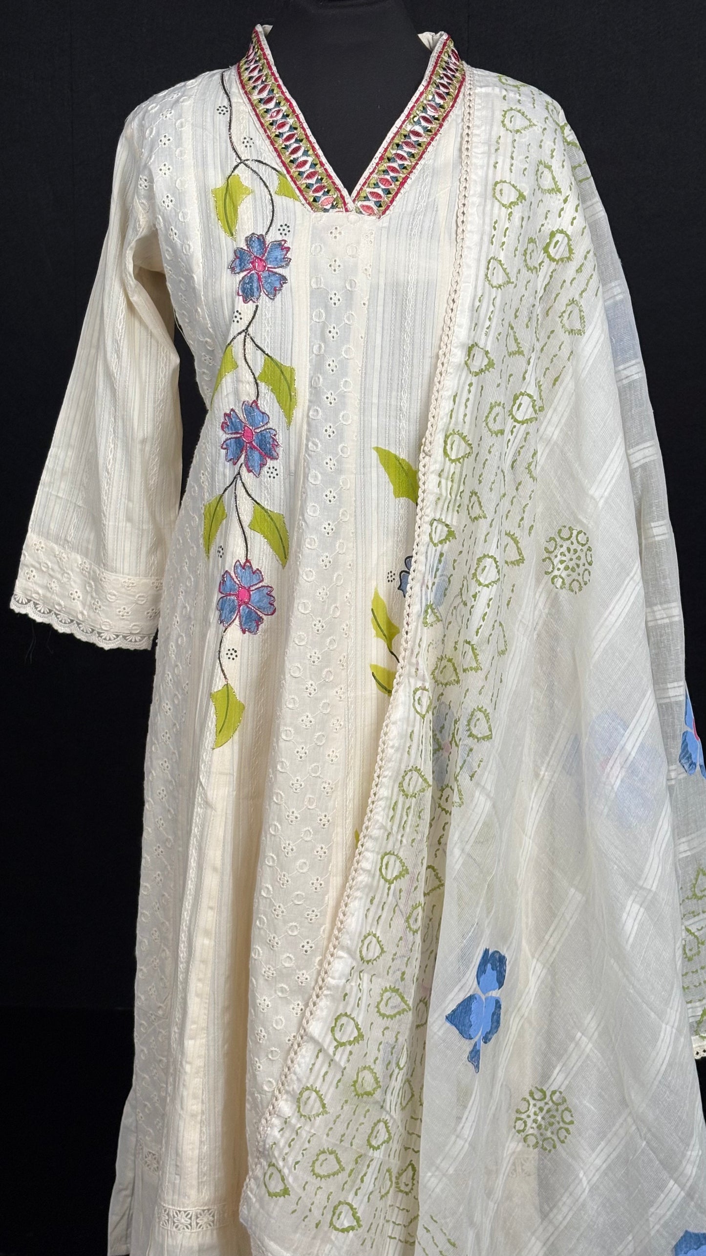 Chikankari Hand Painted Cotton Set - 3pc