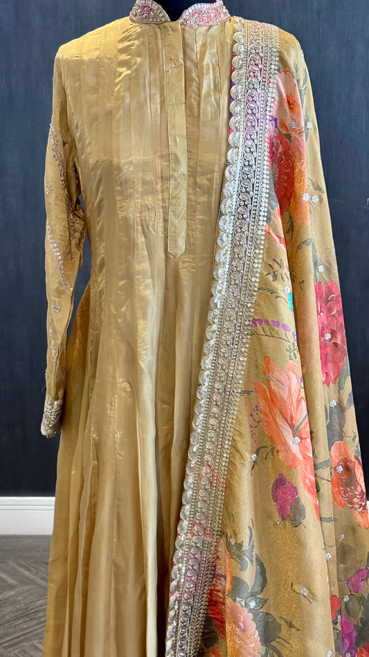Mustard Anarkali with Floral Shimmer Dupatta - 2pc