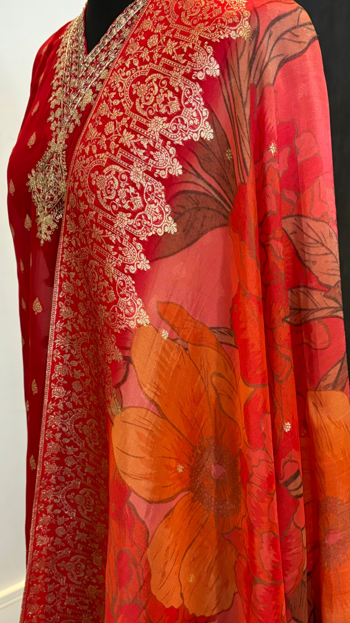 Red Banarsi digital Print - 3pc