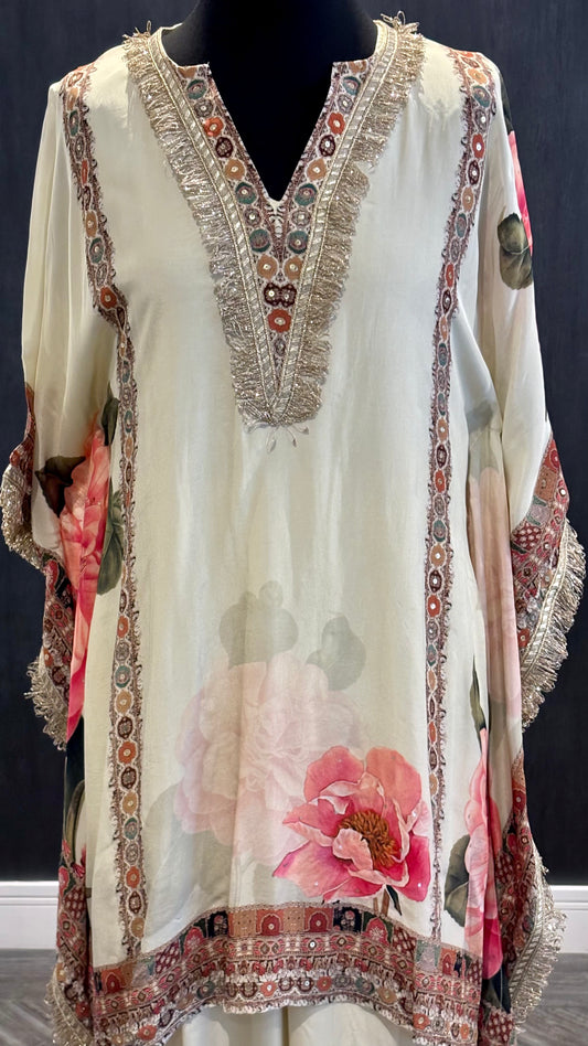 Cream Floral Kaftan Kurta - 2pc