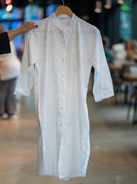 White Buttoned Floral Kurta